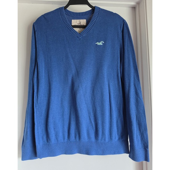 Hollister Sweaters - Hollister Men's V-Neck Sweater Size L Blue Solid Long Sleeve Casual Pullover
